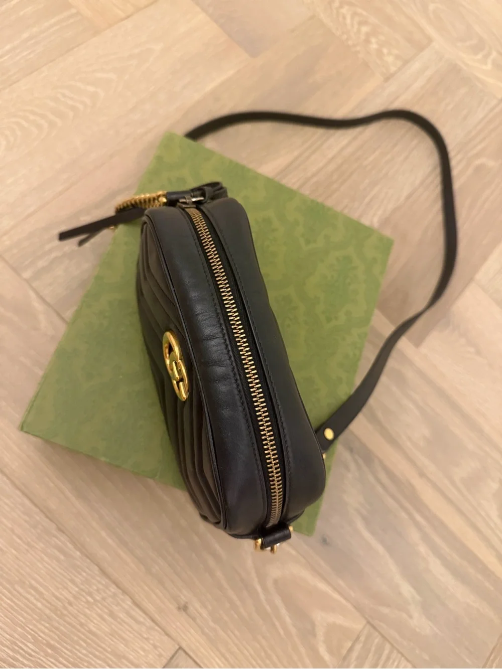 Gucci Black Chevron Quilted Leather Mini Crossbody with Gold GG
